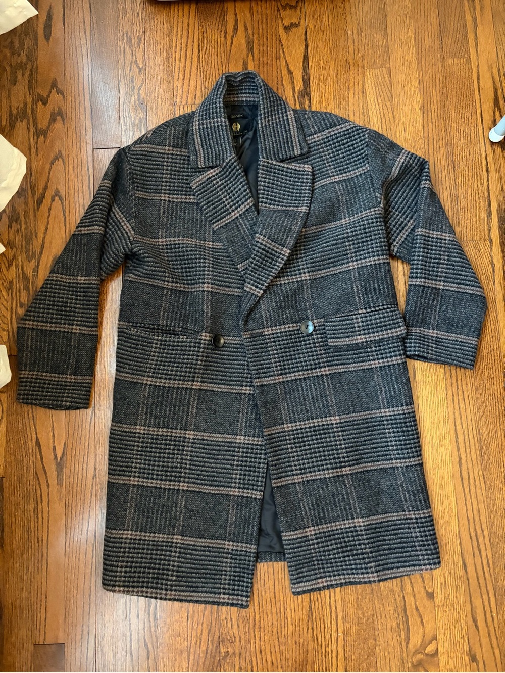 House of Harlow Gray Plaid Double-Breasted Pea Coat with Brown Windowpane